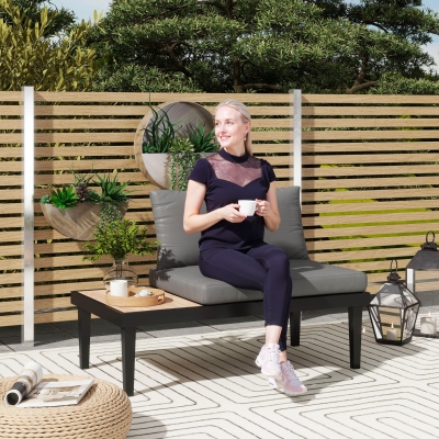 Outsunny 2 Seater Patio Sofa, Outdoor Sofa Couch with Wood Grain Side Tray and Cushions for Balcony, Backyard, Grey