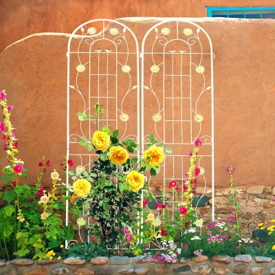 2 Pack Metal Garden Trellis with Leaves and Flower Decorations, Cream White