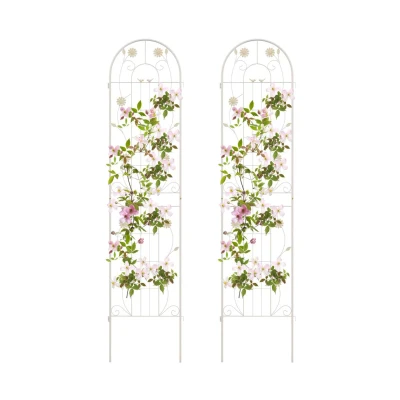 2 Pack Metal Garden Trellis with Leaves and Flower Decorations, Cream White