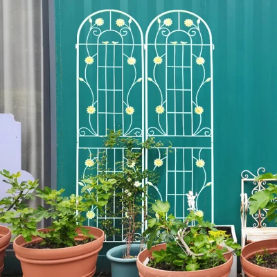 4 Pack Metal Garden Trellis with Bird and Flower Decorations, Cream White