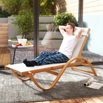 Outsunny Larch Wood Adjustable Patio Lounge Chair, Cream White