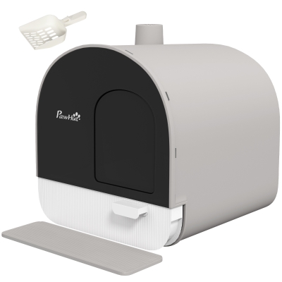 PawHut Cat Litter Box with Lid, Light Gray