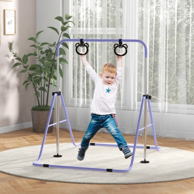 Qaba Kids Gymnastics Bar, Adjustable Height Folding Horizontal Bar with Gymnastics Rings, Non-slip Rubber Floor Rings, Purple