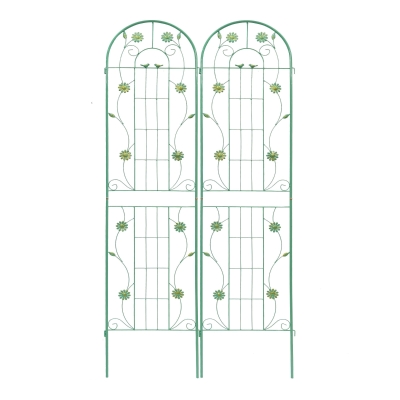 2 Pack Metal Garden Trellis with Leaves and Flower Decorations, Green