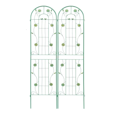2 Pack Metal Garden Trellis with Leaves and Flower Decorations, Green