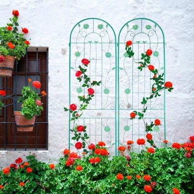 4 Pack Metal Garden Trellis with Bird and Flower Decorations, Green