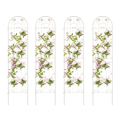 4 Pack Metal Garden Trellis with Bird and Flower Decorations, Cream White
