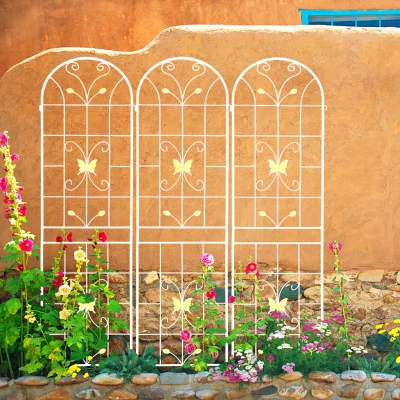 4 Pack Metal Garden Trellis with Butterfly Decoration, Cream White