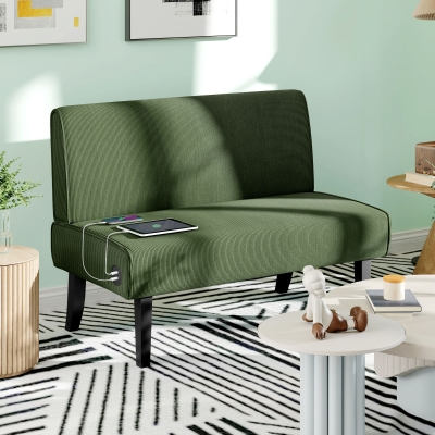 HOMCOM 46.5" Loveseat Couch with USB Ports, Corduroy Love Seat Sofa with Wood Legs for Living Room, Bedroom, Small Space, Green