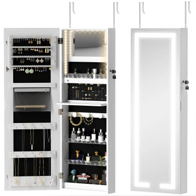 HOMCOM LED Lighted Jewelry Armoire with Mirror Jewelry Cabinet with Storage Lockable Door/Wall Mounted Jewelry Organizer, White