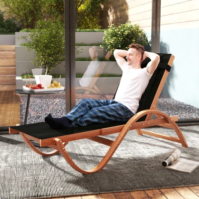 Outsunny Larch Wood Adjustable Patio Lounge Chair, Mesh Seat, Black