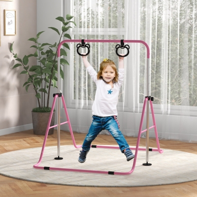 Qaba Kids Gymnastics Bar, Adjustable Height Folding Horizontal Bar with Gymnastics Rings, Non-slip Rubber Floor Rings, Pink