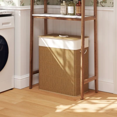 HOMCOM Bamboo Double Laundry Basket with Lid, 26.4 Gallon, Brown
