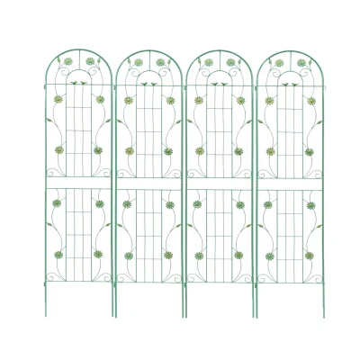 4 Pack Metal Garden Trellis with Bird and Flower Decorations, Green