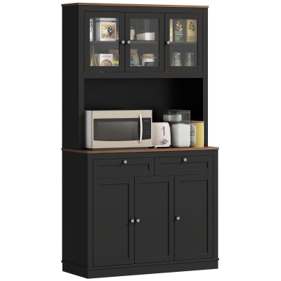 HOMCOM 71" Pantry Cabinet with Microwave Space, Buffet with Hutch, 2 Drawers, Adjustable Shelves and Glass Doors, Black