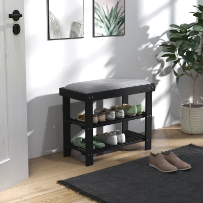 HOMCOM Bamboo 3-Tier Shoe Storage Bench with Cushion, Black