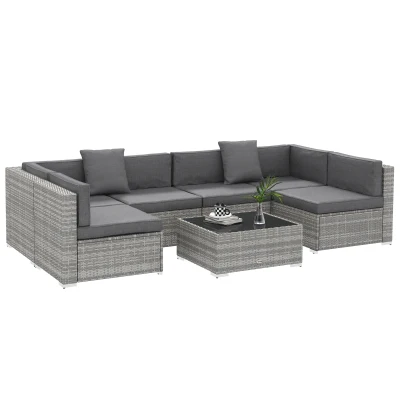 Outsunny 7pc Garden Wicker Sectional Set w/ Tea Table Patio Rattan Lounge Sofa Outdoor Deck Furniture Grey