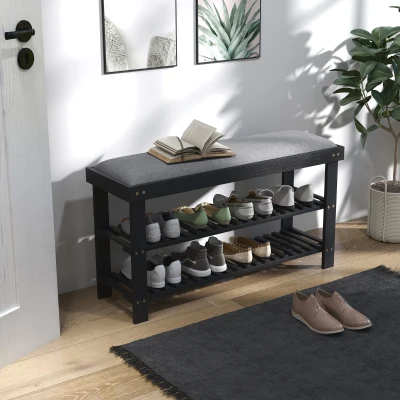 HOMCOM Bamboo 3-Tier Shoe Storage Bench with Cushion, Black