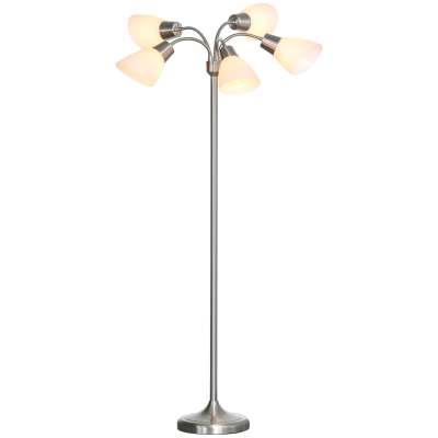 HOMCOM Arc Tree Floor Lamp with 5 Adjustable Rotating Lights, Modern Standing Gooseneck Reading Light for Living Room Bedroom Office, Satin Nickel
