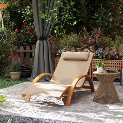 Outsunny Outdoor Wood Chaise Lounge Chair Recliner Patio Camping with Headrest, Teak & Light Khaki