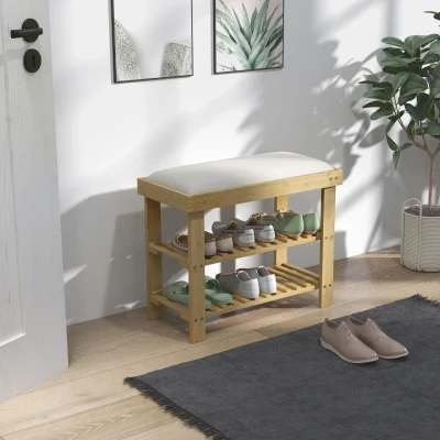 HOMCOM Bamboo 3-Tier Shoe Storage Bench with Cushion, Cream White