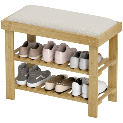 HOMCOM Bamboo 3-Tier Shoe Storage Bench with Cushion, Cream White