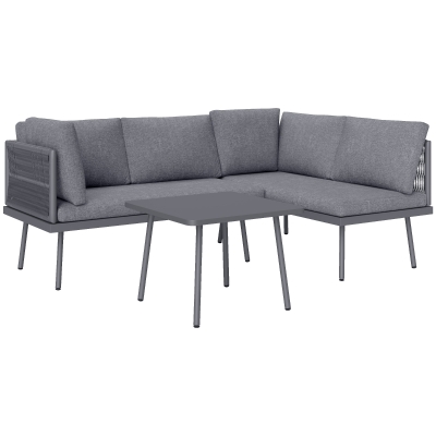 Outsunny 3 Pieces Outdoor Furniture Set, L Shaped Wicker Patio Furniture Conversation Set with Cushions, Steel Table, Grey