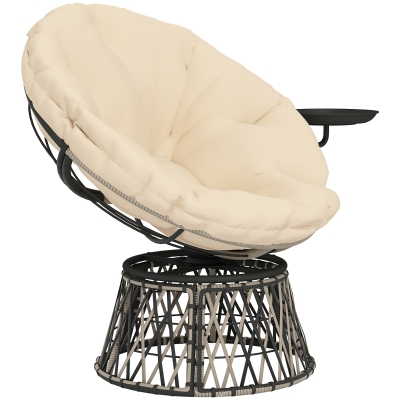 Outsunny 360° Swivel Papasan Chair with Tray & Cushion, Beige