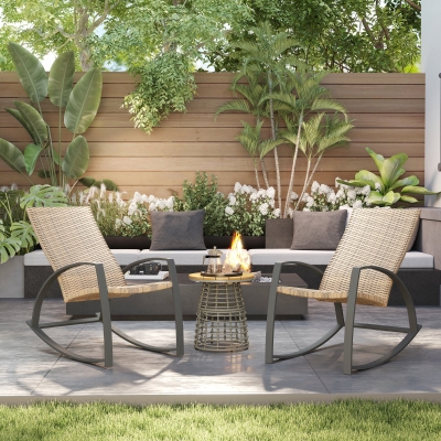 Outsunny 2 Pieces Wicker Patio Rocking Chair Set, Rattan Outdoor Rocking Chair Set with High Back, Armrests for Garden, Khaki