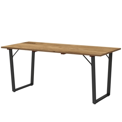 Outsunny Wooden Outdoor Dining Table for 6 with 2" Umbrella Hole, Slatted Tabletop, Metal Frame, for Yard, Deck, Lawn
