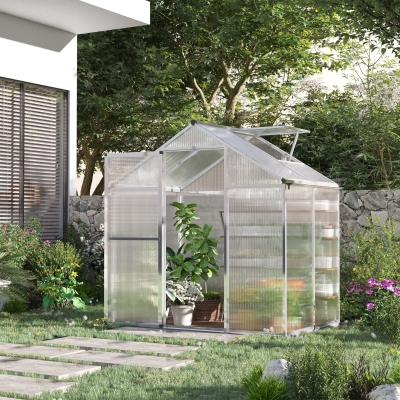 Outsunny 4' x 6.2' x 6.4' Walk-in Garden Greenhouse, Polycarbonate Panels Plants Flower Growth Shed, Cold Aluminum Frame Outdoor Portable Warm House