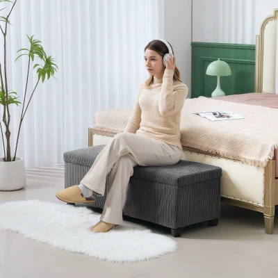 HOMCOM 44" Corduroy Storage Ottoman Bench, Gray