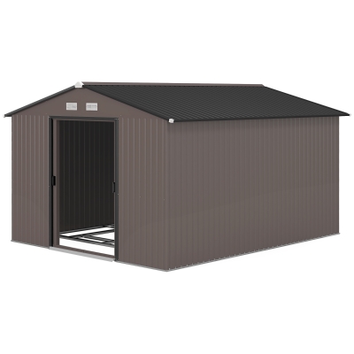 Outsunny 9' x 10.6' Garden Storage Shed w/ Foundation Kit Metal Tool Storage House w/ Double Doors Brown