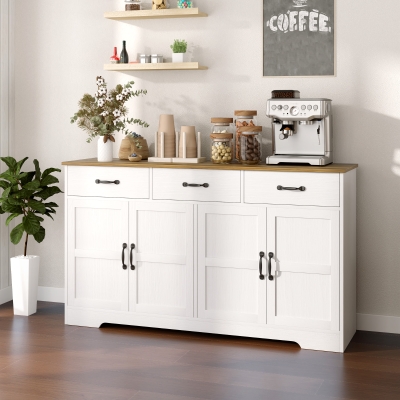 HOMCOM Sideboard Buffet Cabinet with Storage, Modern Coffee Bar Cabinet with 3 Drawers and Adjustable Shelves, Distressed White
