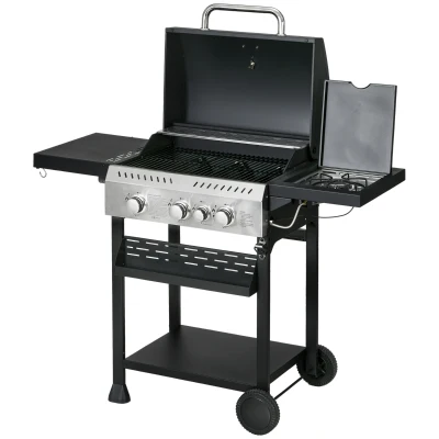 Outsunny 38,000 BTU Propane Gas Grill BBQ Cart with 3 Main Burners, 1 Side Burner, with Warming Rack, Side Prep Tables, Black