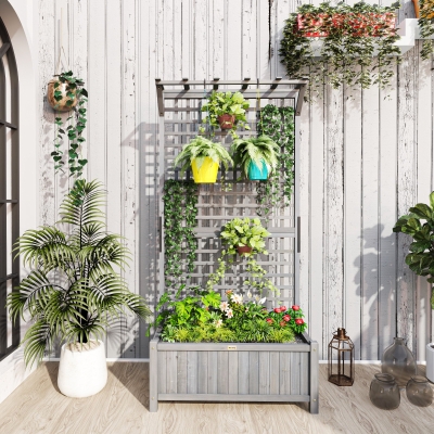 Outsunny Wood Planter with Trellis for Vine Climbing, Raised Garden Bed, Privacy Screen for Backyard, Patio, Deck, Dark Grey