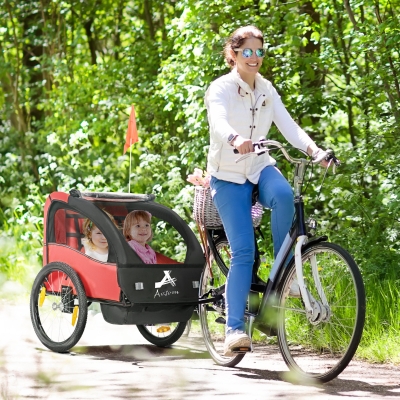 Aosom 2 Seat Bike Trailer for Kids, Baby Stroller with Storage Bag, 5 Point Harness, Bicycle Trailer with 20" Wheels, Red