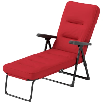 Outsunny Folding Outdoor Lounge Chair with Cushion, Adjustable Backrest, Reclining Patio Garden Chair with Footrest, Wine Red