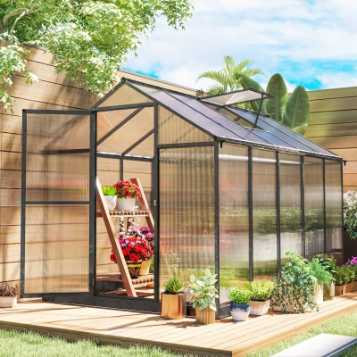 Outsunny 6' x 10' x 6.4' Polycarbonate Greenhouse, Aluminum Walk-In Green House Kit Garden, Plants Grow with Rain Gutter and Roof Vent, Charcoal Grey