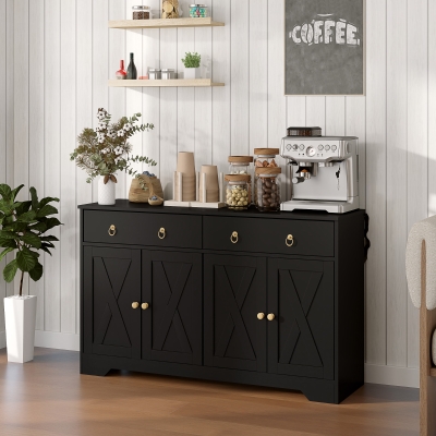 HOMCOM Sideboard Cabinet with 2 Drawers, 4 Barn Doors and 2 Adjustable Shelves, Buffet Table for Living Room, Black