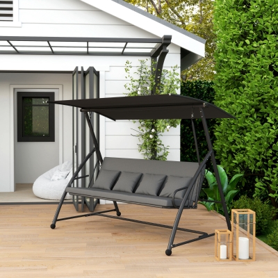 Outsunny Patio Swing Chair, 3 Person Convertible Hammock, Outdoor Swing Lounge Bed, Cushioned with Tilt Canopy, Dark Grey