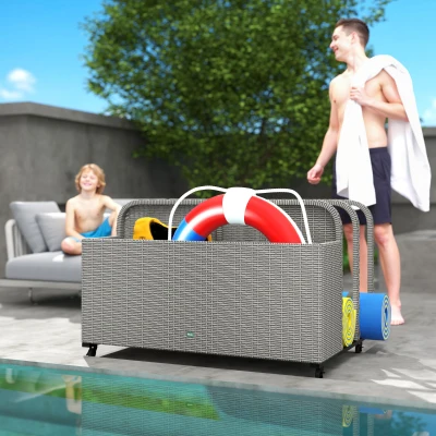 Outsunny PE Rattan Pool Storage Organizer with Wheels, Gray