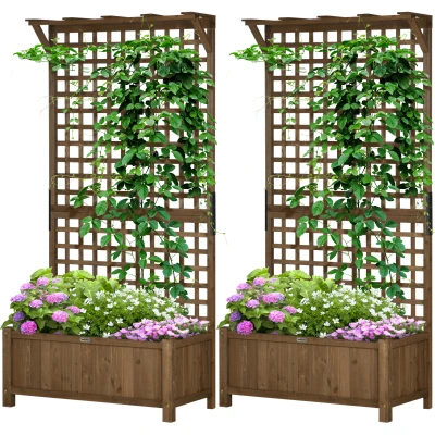 Outsunny Wood Planter with Trellis for Vine Climbing, Raised Garden Bed, Privacy Screen for Backyard, Patio, Deck, Coffee