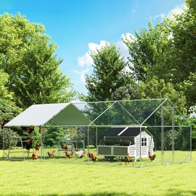 PawHut Metal Chicken Coop Run w/ Waterproof Cover, Nesting Box, Roosting Bars, for Outdoor Backyard, 9.8 x 19.7 x 6.4 ft