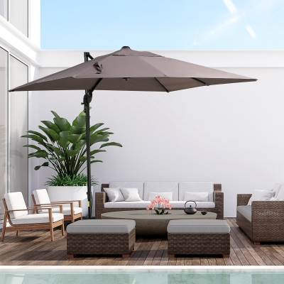 Outsunny 8'x8' Square Patio Hanging Offset Umbrella, Outdoor Cantilever Parasol w/ Cross Base, Light Brown
