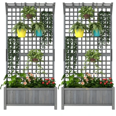 Outsunny Wood Planter with Trellis for Vine Climbing, Raised Garden Bed, Privacy Screen for Backyard, Patio, Deck, Dark Grey