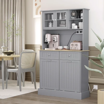 HOMCOM Kitchen Cabinet with Charging Station & Microwave Stand, Gray