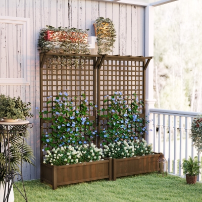 Outsunny Wood Planter with Trellis for Vine Climbing, Raised Garden Bed, Privacy Screen for Backyard, Patio, Deck, Coffee