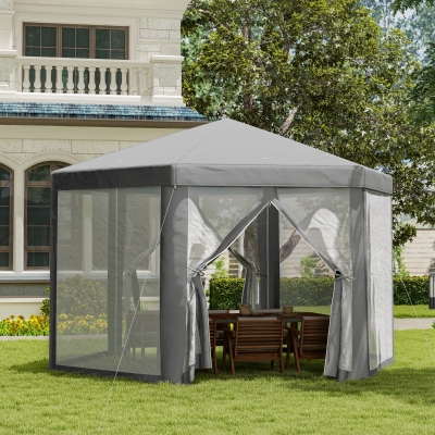Outsunny Hexagon Party Tent, Patio Gazebo with Netting Mesh, Dark Grey