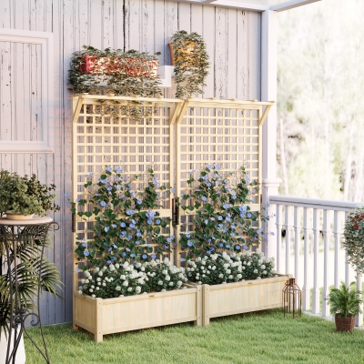 Outsunny Wood Planter with Trellis for Vine Climbing, Raised Garden Bed, Privacy Screen for Backyard, Patio, Deck, Natural Wood
